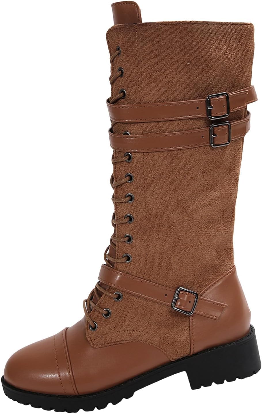 Combat Riding Boot Flats Long Belt Round Toe Chunky Heels Boots Low Heel Leather Fall Winter Vintage Casual Shoes - Image 6