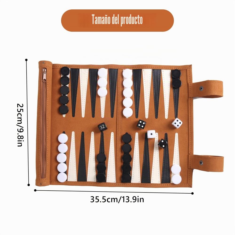 Backgammon de Cuero, Backgammon Viaje, Juego de Back Gammon Clásico, Incluye Accesorios de Piezas de Ajedrez, Back Gammon Enrollable para Viajes y Viajes, 25x35cm (Moca)