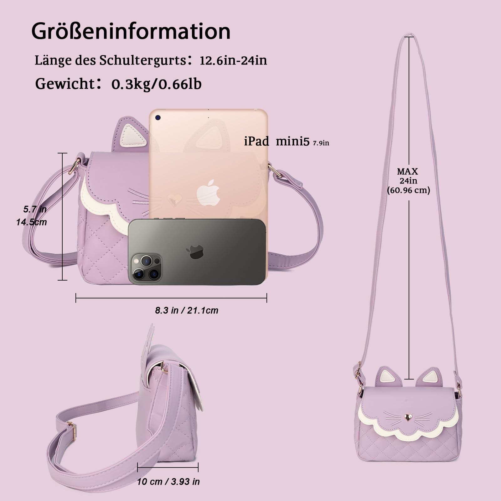 Gladdon Sac à Bandoulière pour Filles Petits sac bandoulière chat Piquage sac à main pour enfant Mini Sac à Monnaie Avec sangle réglable Mode portefeuille(Violet)