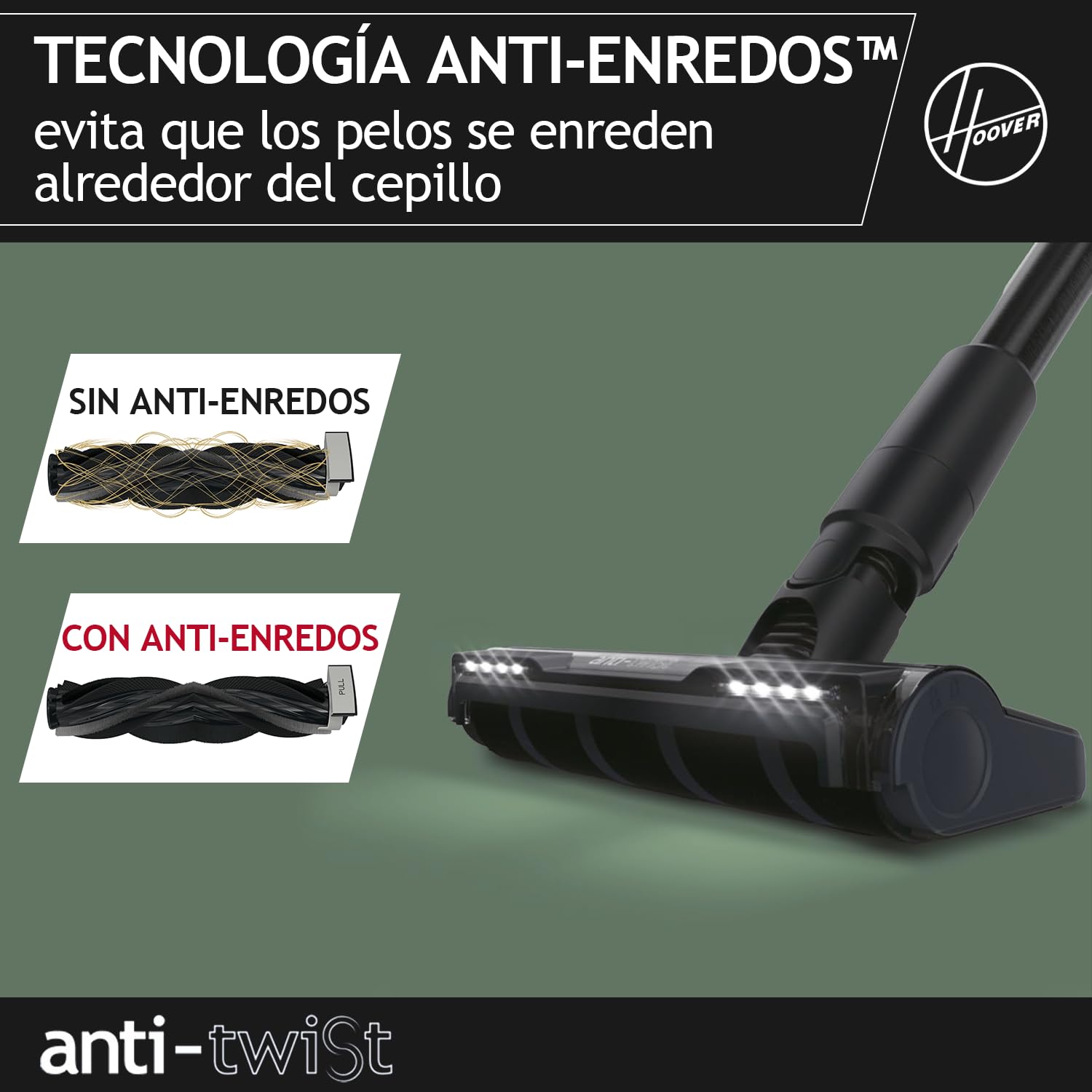 Hoover Aspiradora Escoba Sin Cable Especial Suelos Duros, 1200 POWERTIME, Alta Potencia, Cepillo Antienredos, Luces LED, Ligera, Ideal para Rincones [HF401H]