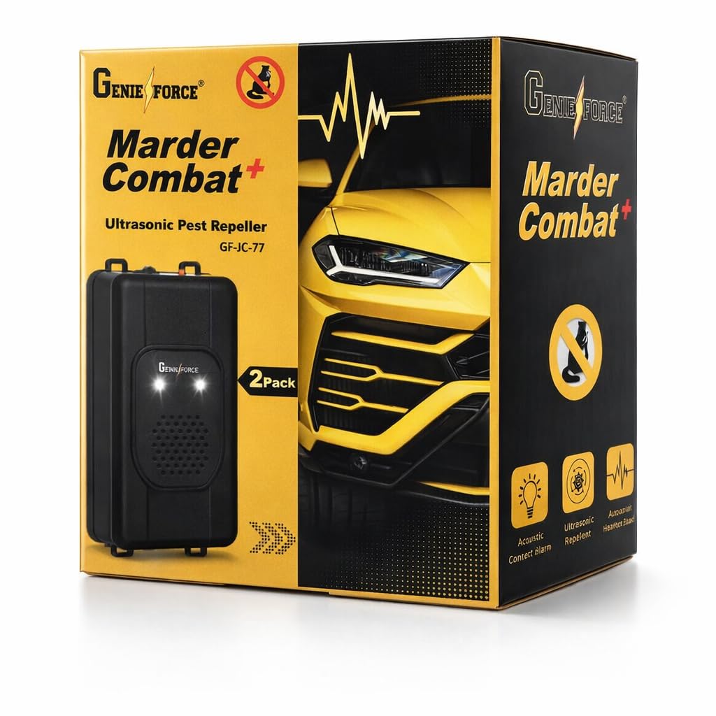 2 x Genieforce® Marder Combat+ Marderschutz, Marderschreck Ultraschall, Marderabwehr, Mäuseabwehr für Autos, Haus, und Garten, Anschluss an 12V Autobatterie, USB oder Batteriebetrieb - GF-JC-77