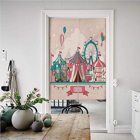 Amazon サーカス のれん おしゃれ 目隠し 幅85cm 丈170cm フラットデザインスタイルの風船子供公園イラスト おしゃれ ロング 居酒屋 店 部屋 玄関 入り口 間仕切り インテリア 多色のサーカス施設の風景 のれん オンライン通販