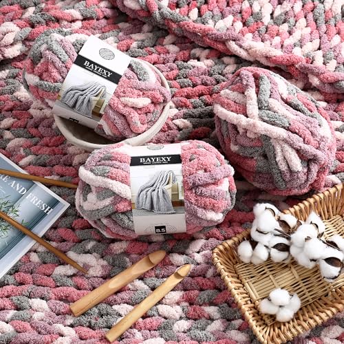 Image of Chunky Chenille Yarn for Hand Knitting 8 Jumbo Pack Jumbo Chunky Yarn for Hand Soft Blanket Knitting, Bulky Thick Fluffy Yarn for Crocheting (Cherry Blossom)