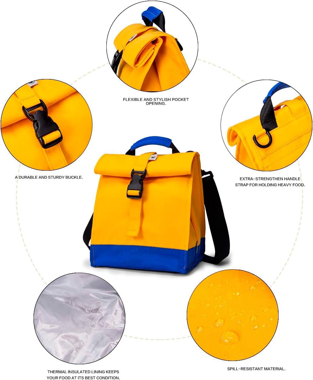 SUNNY BIRD Insulated Lunch Bag Rolltop Lunch Box Tote Lunchbox Bag for Women, Men, Boys and Girls (Yellow) - Image 4