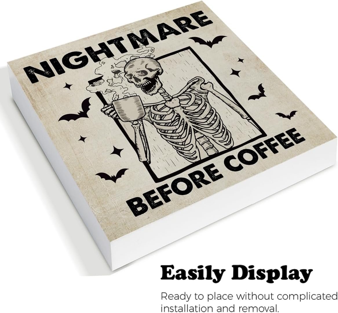 Funny Halloween Decor Nightmare Before Coffee Decorations Coffee Bar Home Kitchen Wooden Sign for Desk Table Shelf 5 x 5 Inches image 3