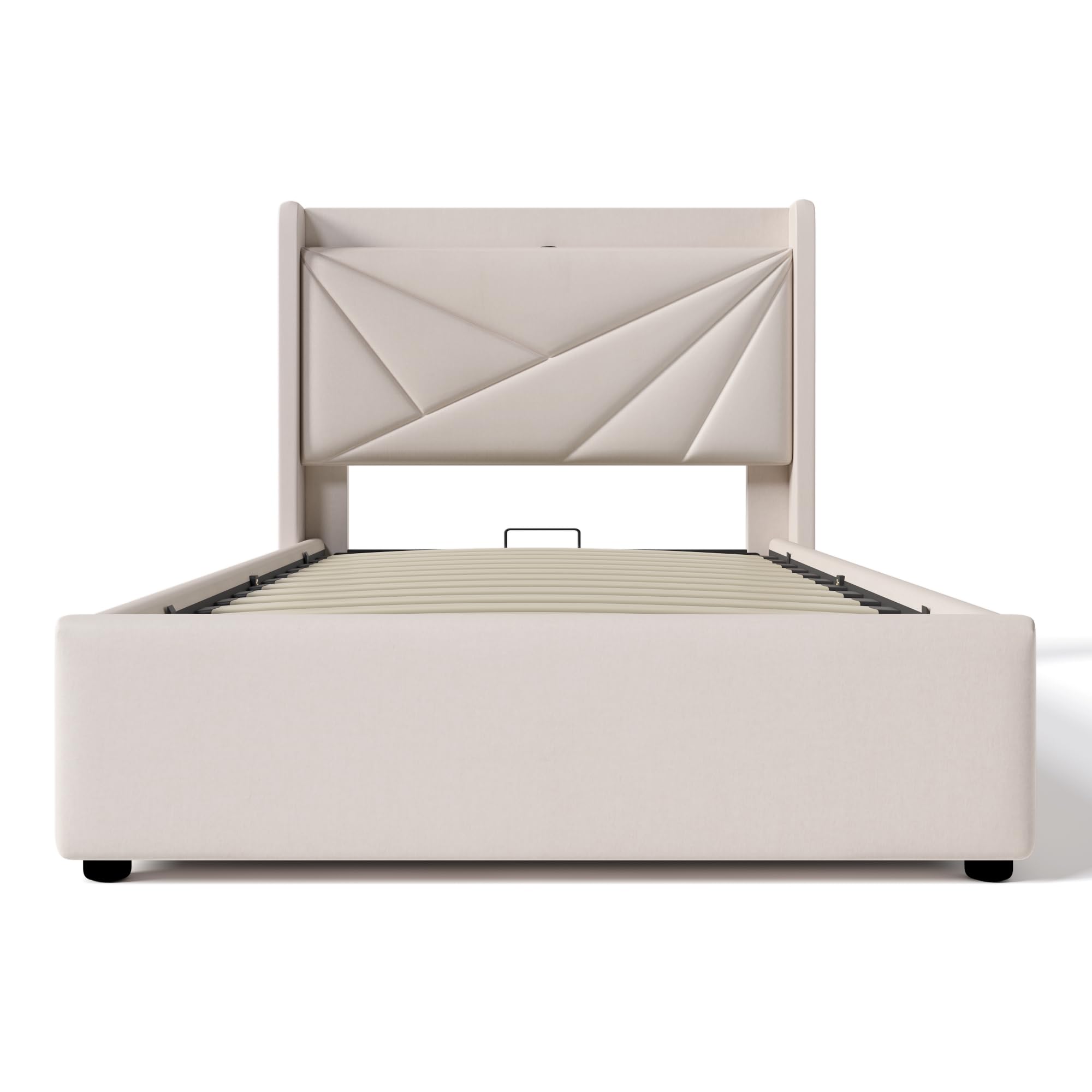 Letto imbottito 90 x 200 cm, letto singolo con cassetta, effetto lino e stazione di ricarica USB, letto funzionale con vano portaoggetti, rete a doghe e design moderno testiera
