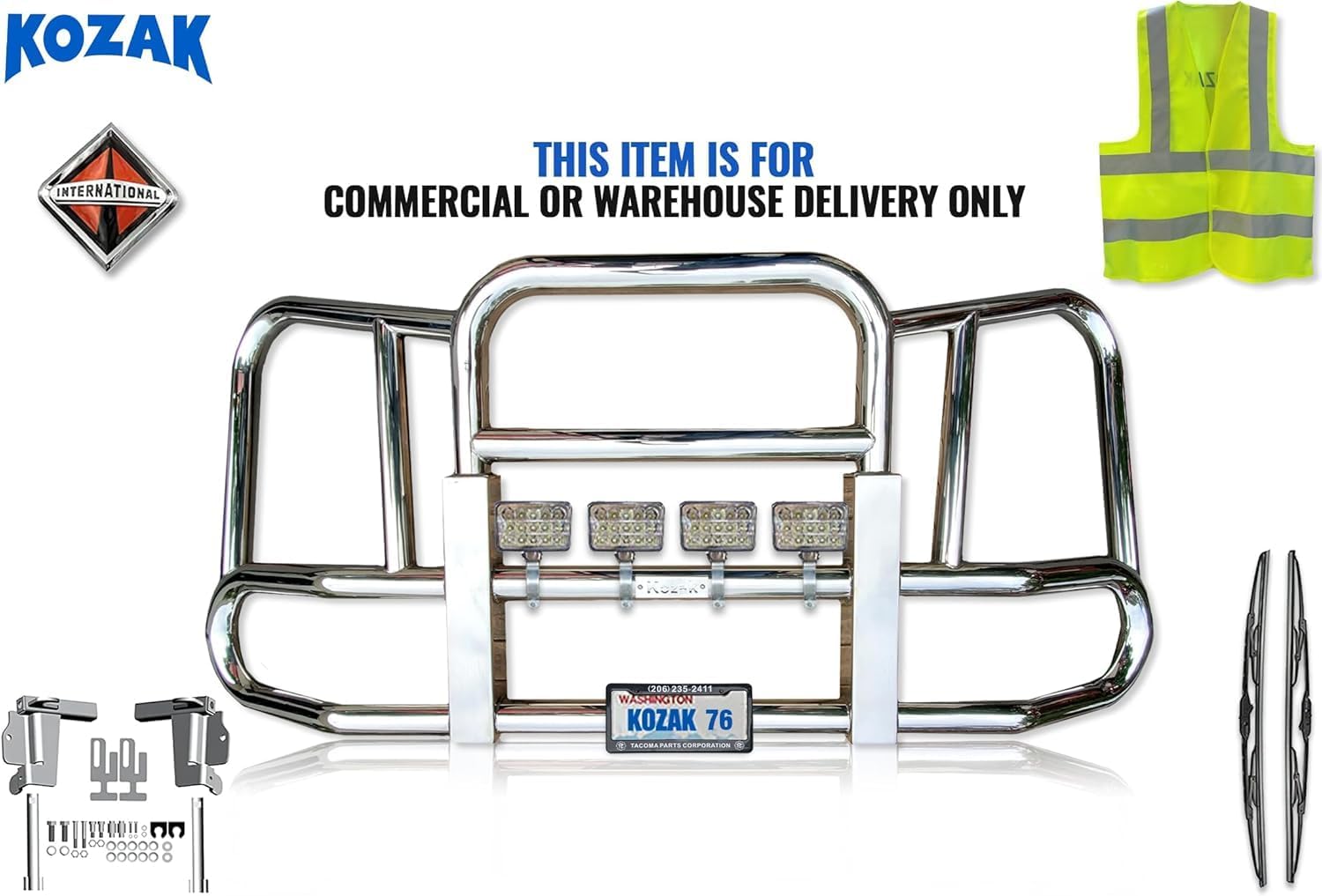 KOZAK Front Grille Deer Moose Brush Bumper Guard Large Square with Square 4X 6 LED Lights with Brackets Compatible with International Prostar PLUS Logo, License Plate Holder and Frame, Wipers and Vest