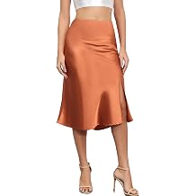 ALCEA ROSEA Womens Silky Satin Midi Skirt High Waist Elastic Waist A Line Skirt with Slit