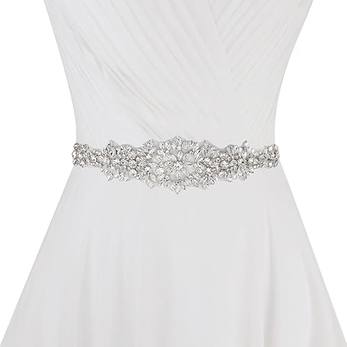Handmade Rhinestone Bridal Belt Silver Wedding Belt for Dresses with Ivory Ribbon Crystal Belt for Women Dresses