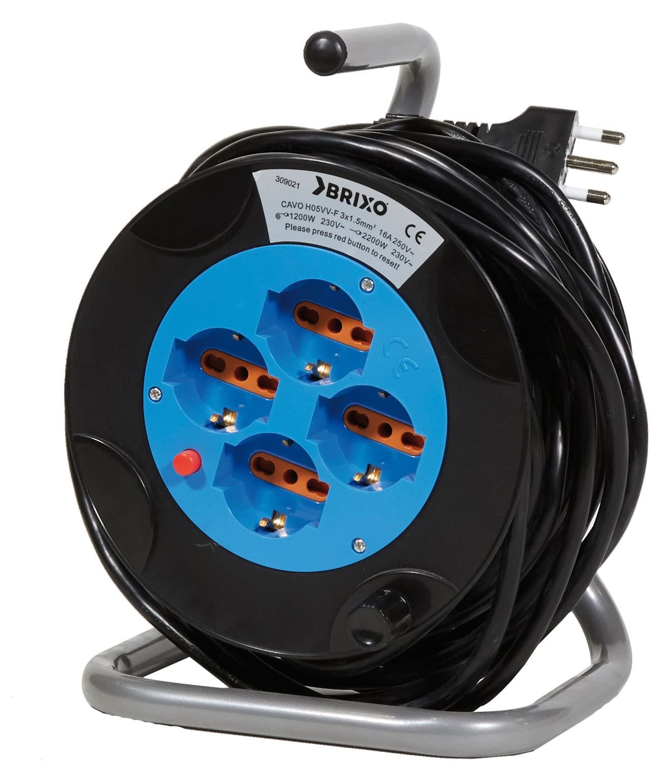 Enrollador de cable con 4 enchufes Schuko y cable de 15 metros 3 x 1,5 mm Brixo