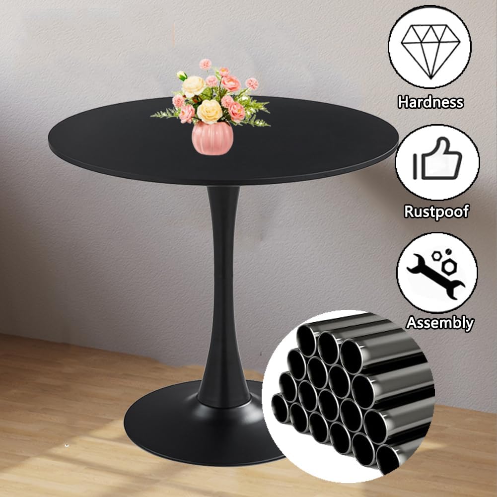 23.4" Tulip Dining Table, Black, Perfect for 2-4 People, Mid-Century Modern Style, Round MDF Top with Sturdy Base for Dining Room, Living Room, Cafe
