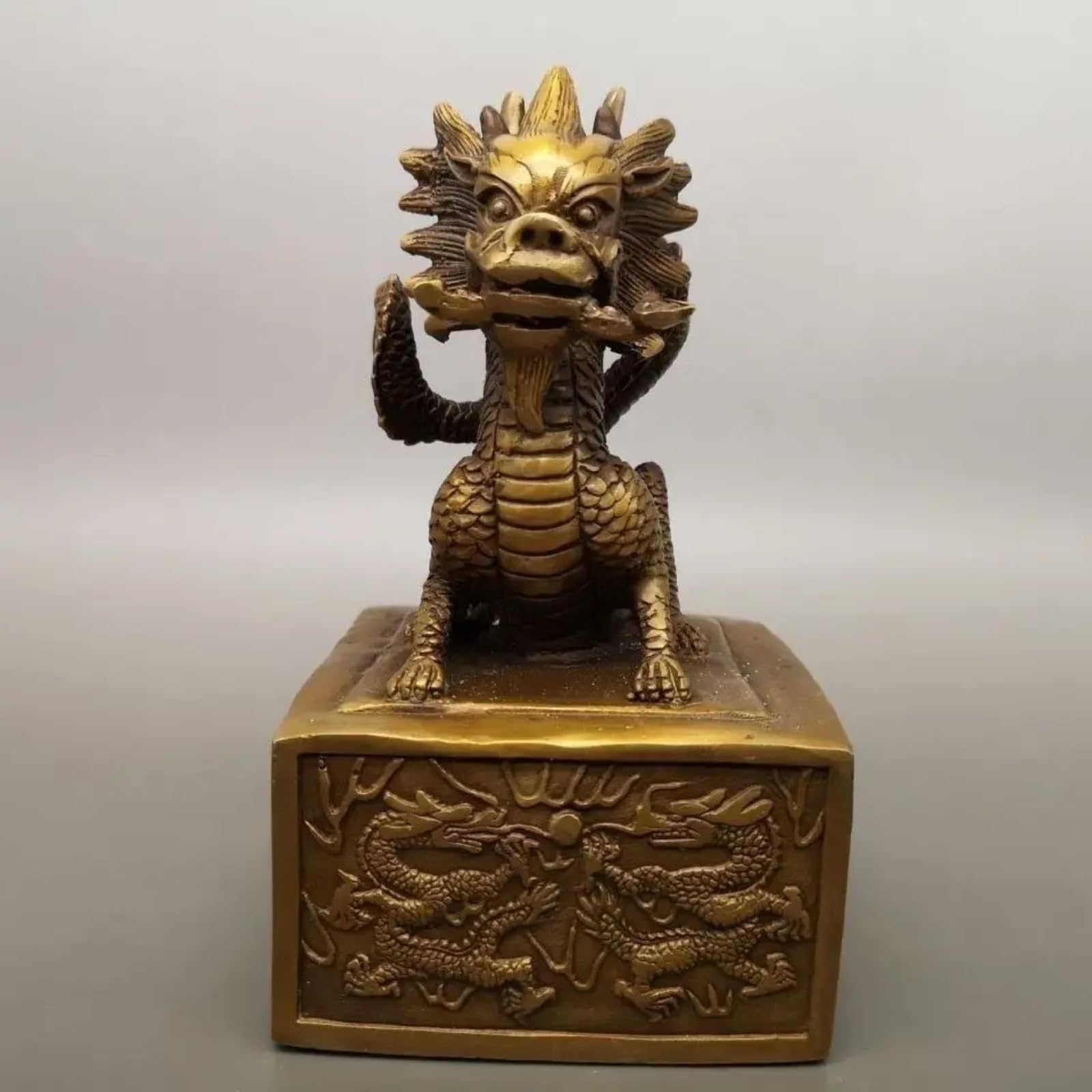 Brass Chinese Dragon Beast Seal Statue, 18cm 7in, Home Living Room Desk Office Decoration