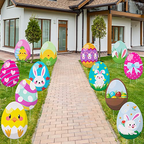 12 PCS Easter Eggs Decorations Outdoor Easter Yard Signs Easter Yard Decorations Outdoor with Stakes Bunny Egg Easter Outdoor Garden Sign Waterproof Lawn Signs for Pathway Walkway