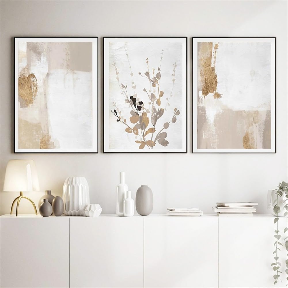WBYZAC Conjunto de Tres Piezas de Carteles Abstractos de Hojas de Plantas Beige Murales de Pintura al Óleo Grabado Sala de Estar Cocina Oficina Dormitorio Decoración de la Galería - 50x70Cm Sin Marco