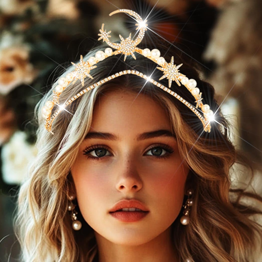 Catery Moon Crown Headpiece Goddess Star Tiara Headband Gold Celestial Headpiece for Women - Image 2