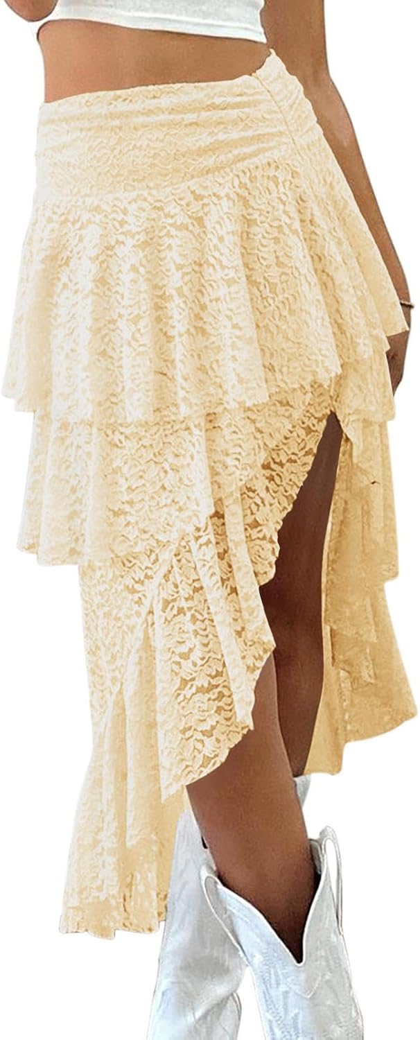Yousify Womens Lace Midi Skirts High Waist Y2K Asymmetrical Layered Flowy Fairy Skirts Floral Beach Long Skirt