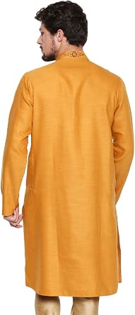 Men's Indian Classic Collar Long Kurta Tunic with Embroidered Placket, Mustard, Medium
