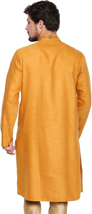Men's Indian Classic Collar Long Kurta Tunic with Embroidered Placket, Mustard, Medium