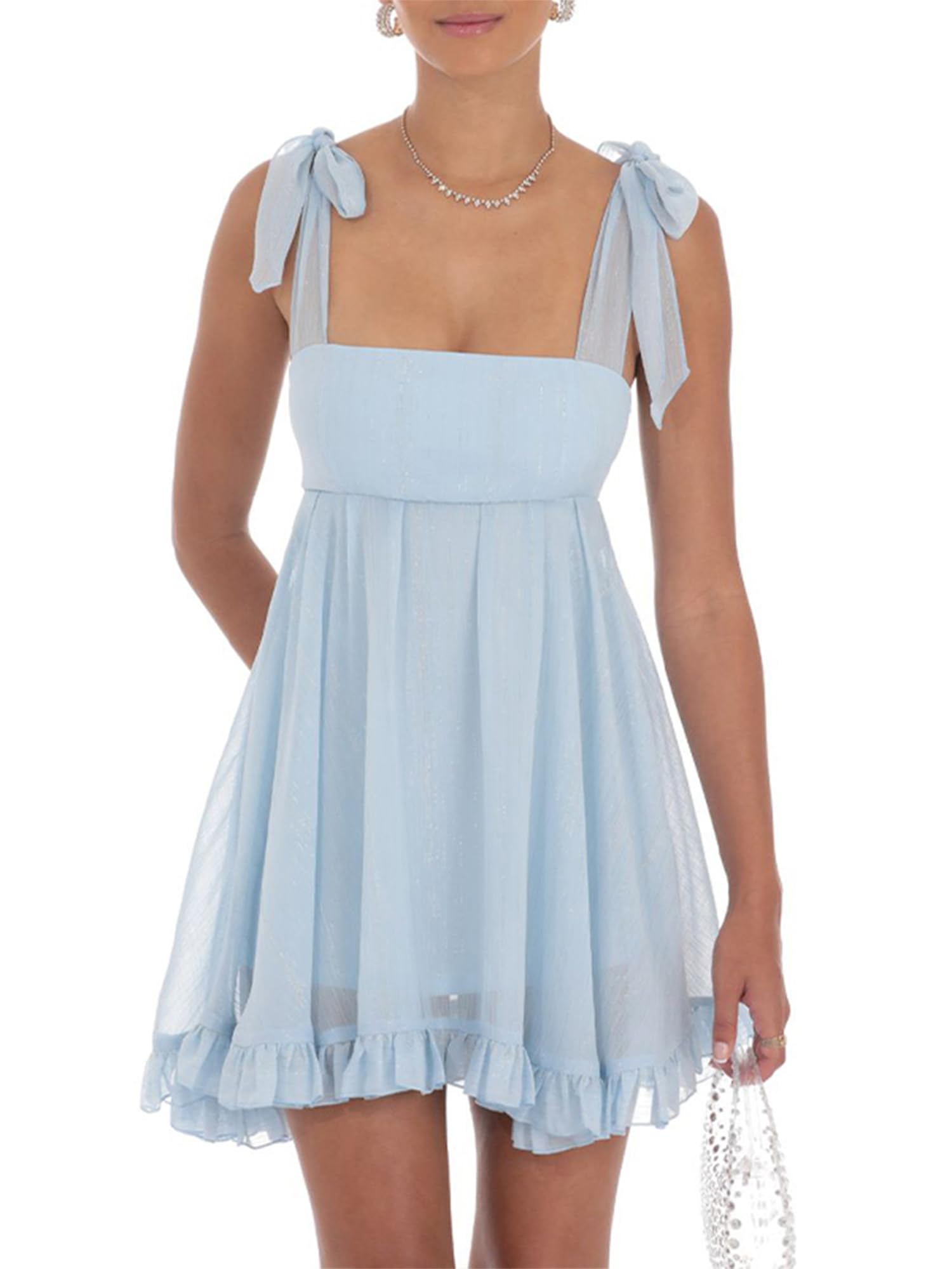 Fiacafyo Women Y2k Lace Trim Mini Dress Sleeveless Backless Bow Tie Strap Short Tank Dress Ruffle A Line Fairy Flowy Sundress (B-Light Blue, S)