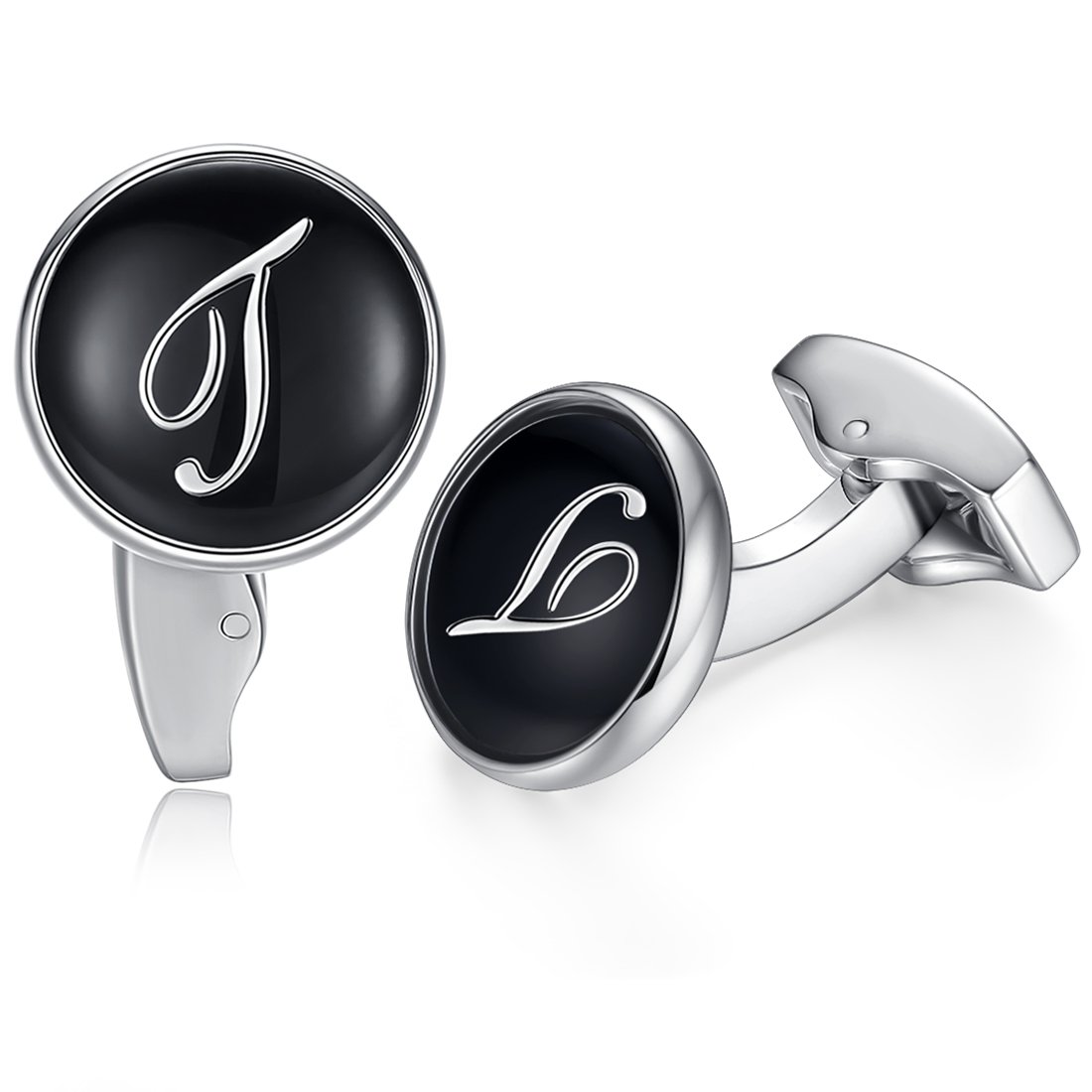 HONEY BEAR Initial Alphabet Letter Cufflinks for Men, Black Round Shape Stainless Steel Wedding Business Cufflinks A to Z