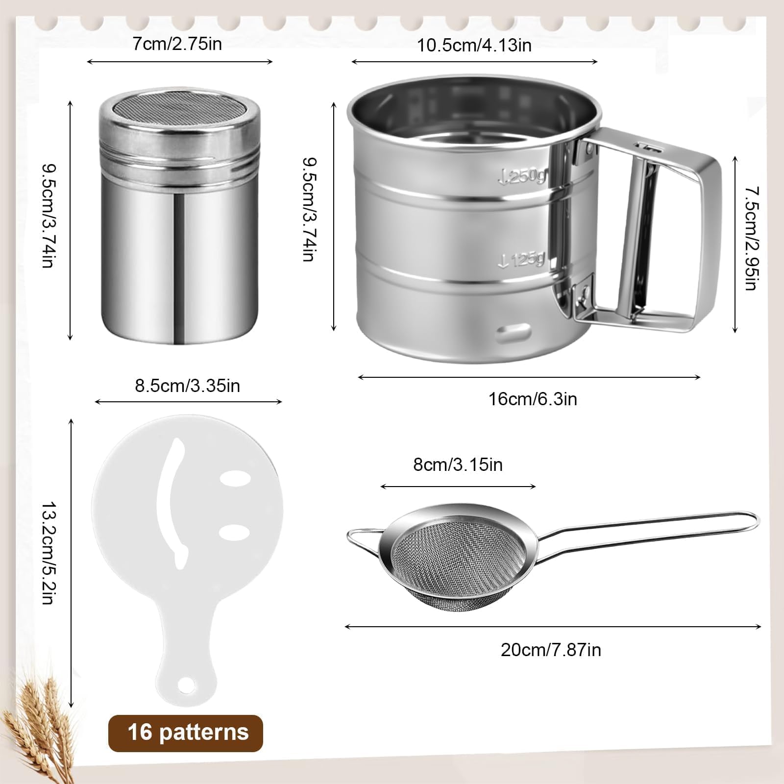 Set di 5 Setaccio Farina in Acciaio Inox Spargi Zucchero a Velo a Una Mano Colino Cucina con Coperchio Setaccio per Farina con 16 Coffee Stencils per Cacao, Spezie, Cioccolato, Zucchero
