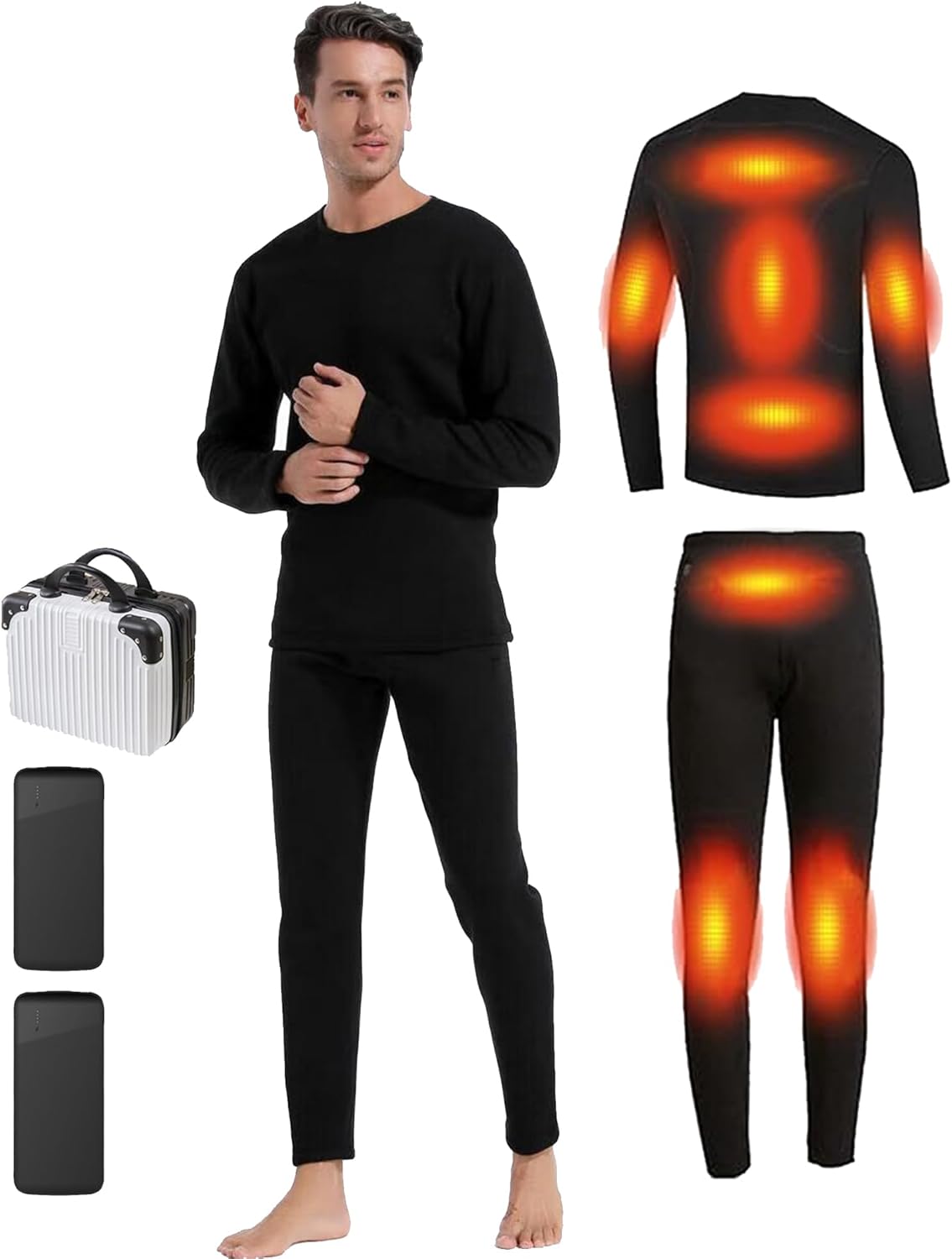 Heated Thermals Underwear Set for Men 8 Heating Zones Heated Pants and Shirt with 2 * 10000mAh Battery XX-Large Black