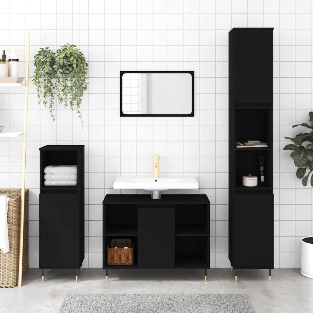 Mueble de baño negro 30 x 30 x 100 cm de madera con patas de hierro, diseño moderno, montaje en pared, armario para baño pequeño, juego de muebles de baño