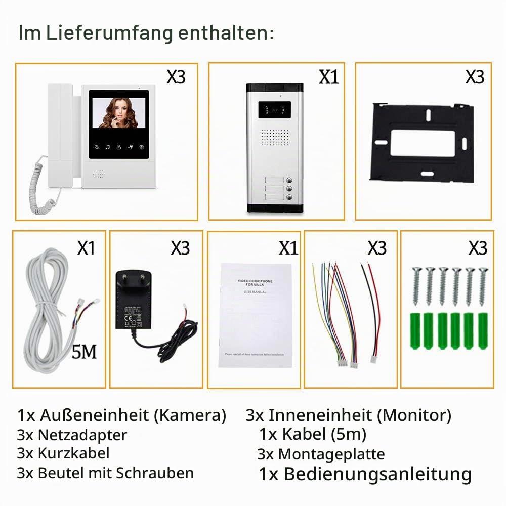 4,3 '' Farb-Video-Türsprechanlage mit Türklingel Intercom-System 3 Monitore + 700TVL IR COMS Nachtsicht-Videokamera für 3 Apartments/Familien