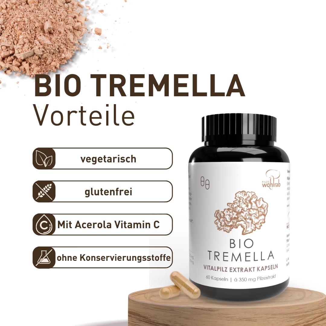 Bio Tremella Extrakt Kapseln, 240 Kapseln à 350 mg Tremella Pilz Extrakt je Kapsel. Mit Acerola Vitamin C, Vitalpilze Extrakt - 1 Dose - Nahrungsergänzungsmittel