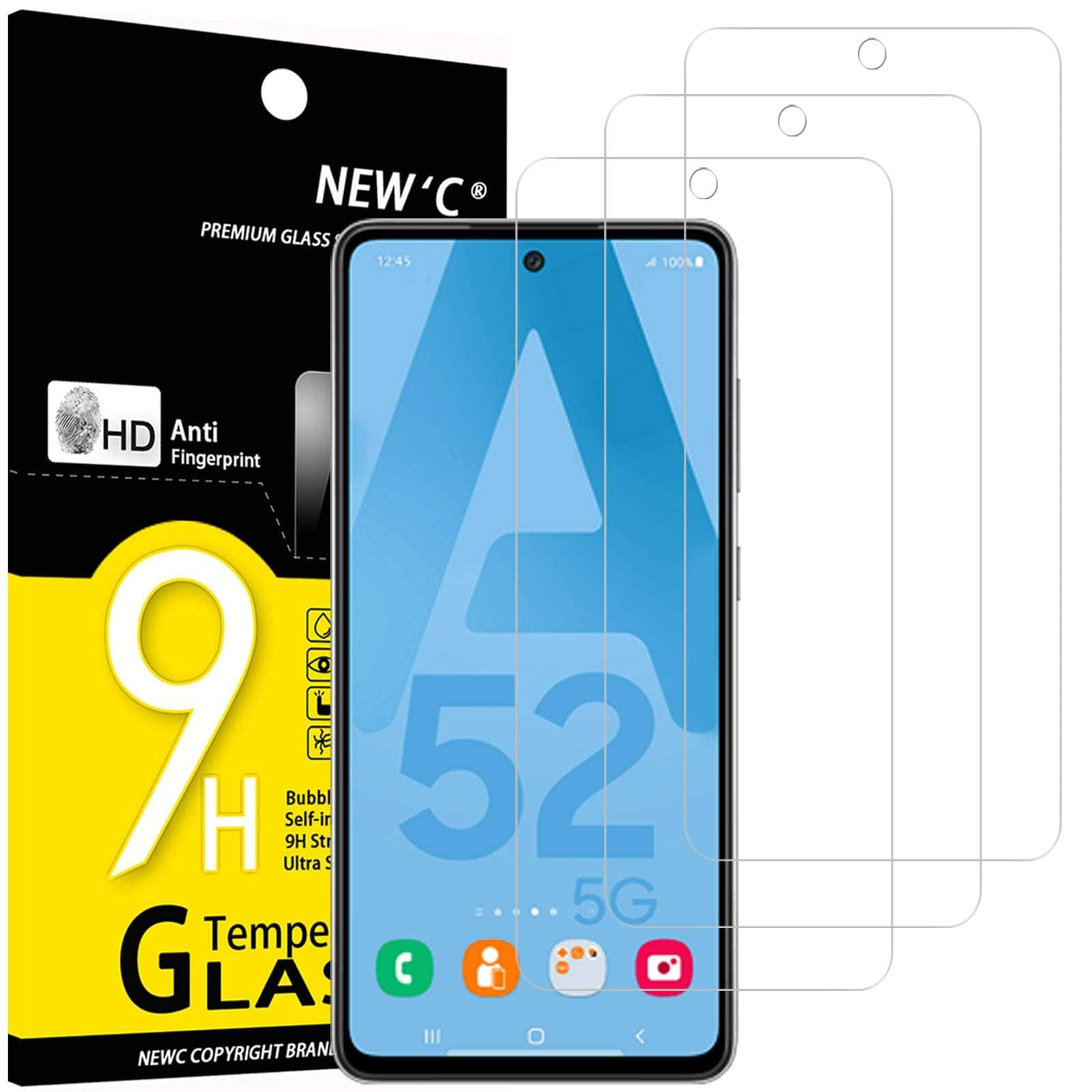 NEW'C 3 sztuki Szkło dla Samsung Galaxy A52, A52 5G, A52S 5G Hartowane i Folia Ochronna Ochraniacz Ekranu - Bez pęcherzyków powietrza, odporność na zarysowania