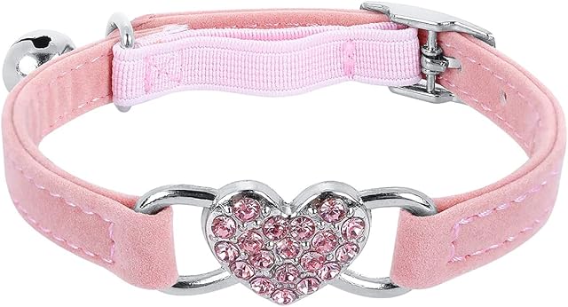 Jagowa Rhinestone Heart Cat Collar with Safety Belt, Adjustable, Flocking Colored Diamond Design with Bell - Pet Supplies for Small Cats and Dogs (Pink)