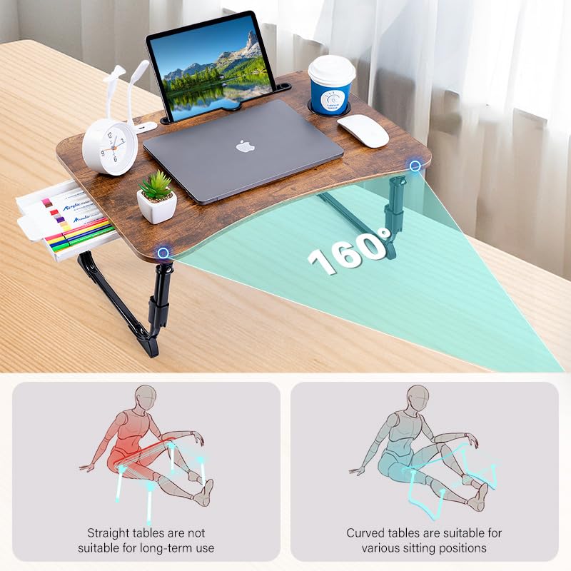 Laptop Desk for Bed, Height Adjustable Laptop Bed Table, Foldable Portable Lap Desk Stand with USB/Storage Drawer/Cup Holder/Slot, Breakfast Tray for Working Reading Writing Eating
