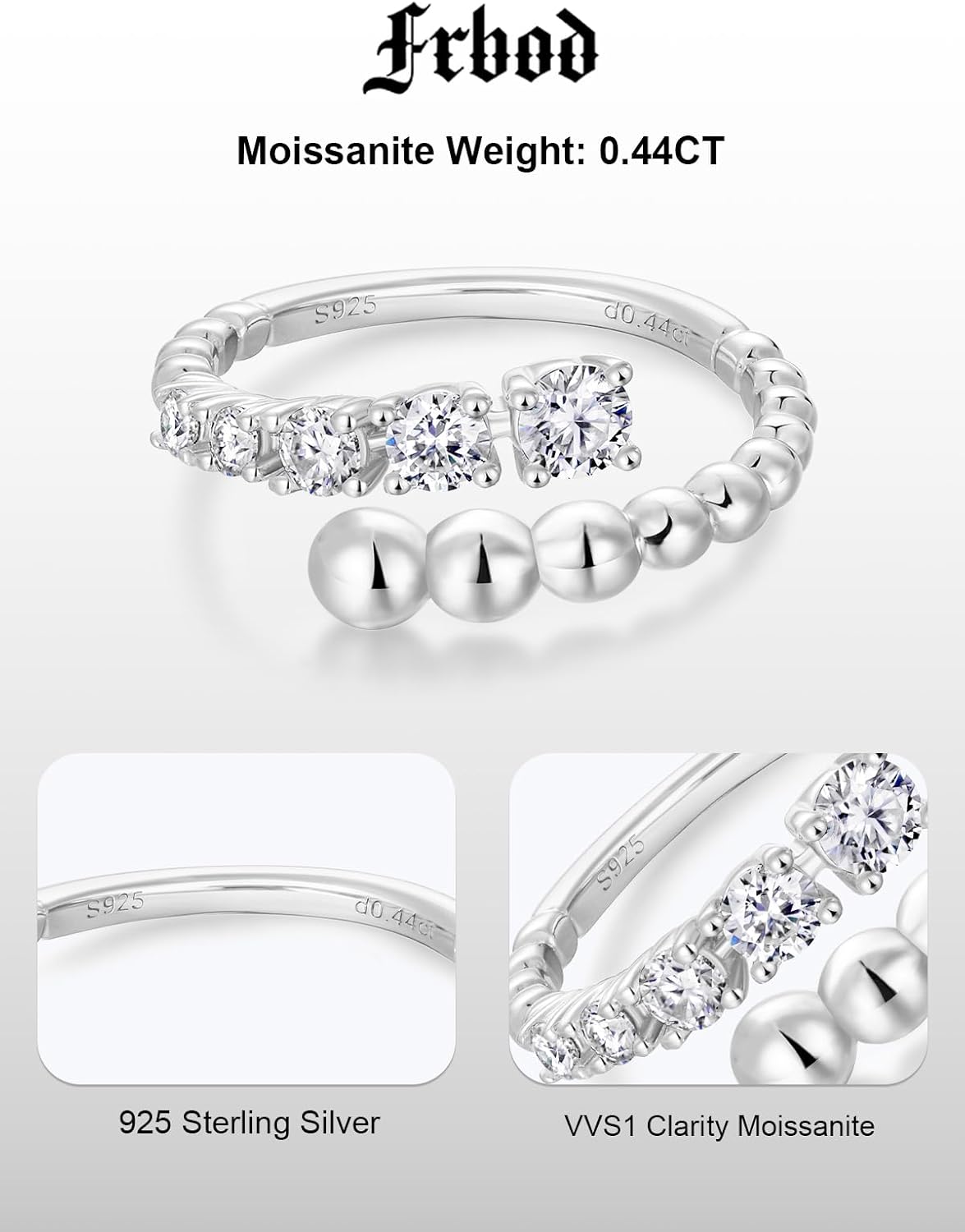 D Color VVS1 Clarity Moissanite Open Ring for Women, Beaded Stackable Moissanite Band, Solid 925 Sterling Silver with Gold/White Gold Plated, Aniversary Christmas Valentines Jewelry, Size 5-9 - Image 4