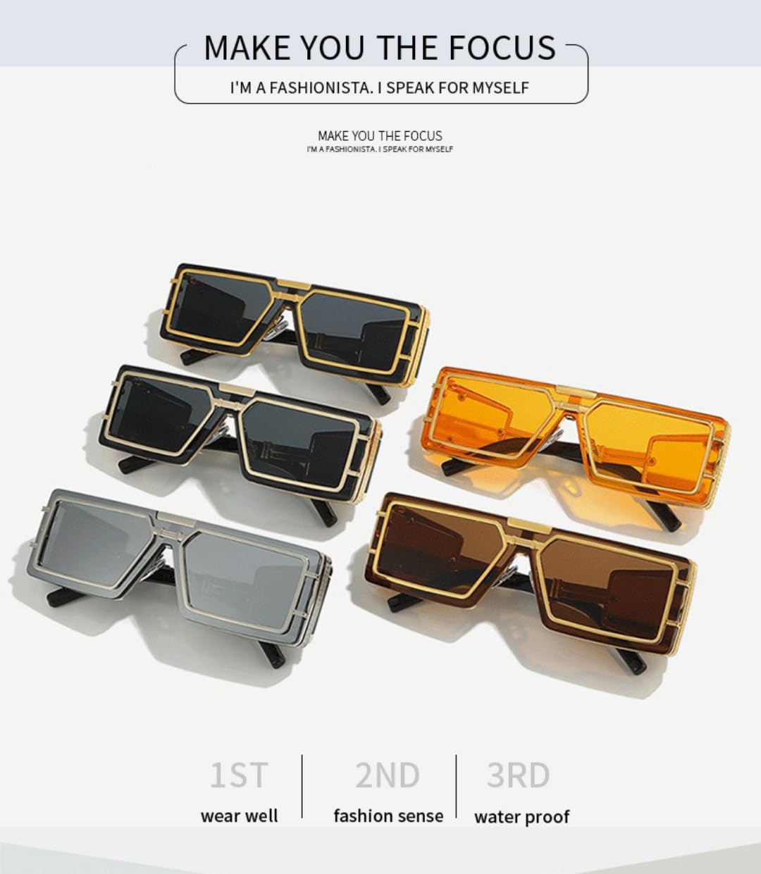 Gafas de sol cuadradas geométricas negras, marco lateral de metal dorado | Marco cuadrado grueso con ribete de metal dorado texturizado, diseño único de panel lateral y lentes oscuras protectoras