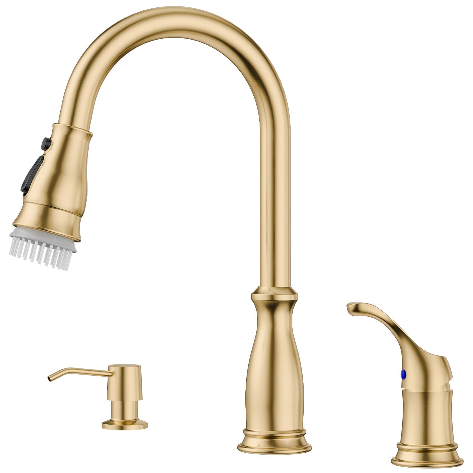 APPASO Gold Kitchen Faucet 3 Hole, Brushed Gold Kitchen Faucet with Soap Dispenser and Pull Down Sprayer, Solid Steel High Arc Faucets with Separate