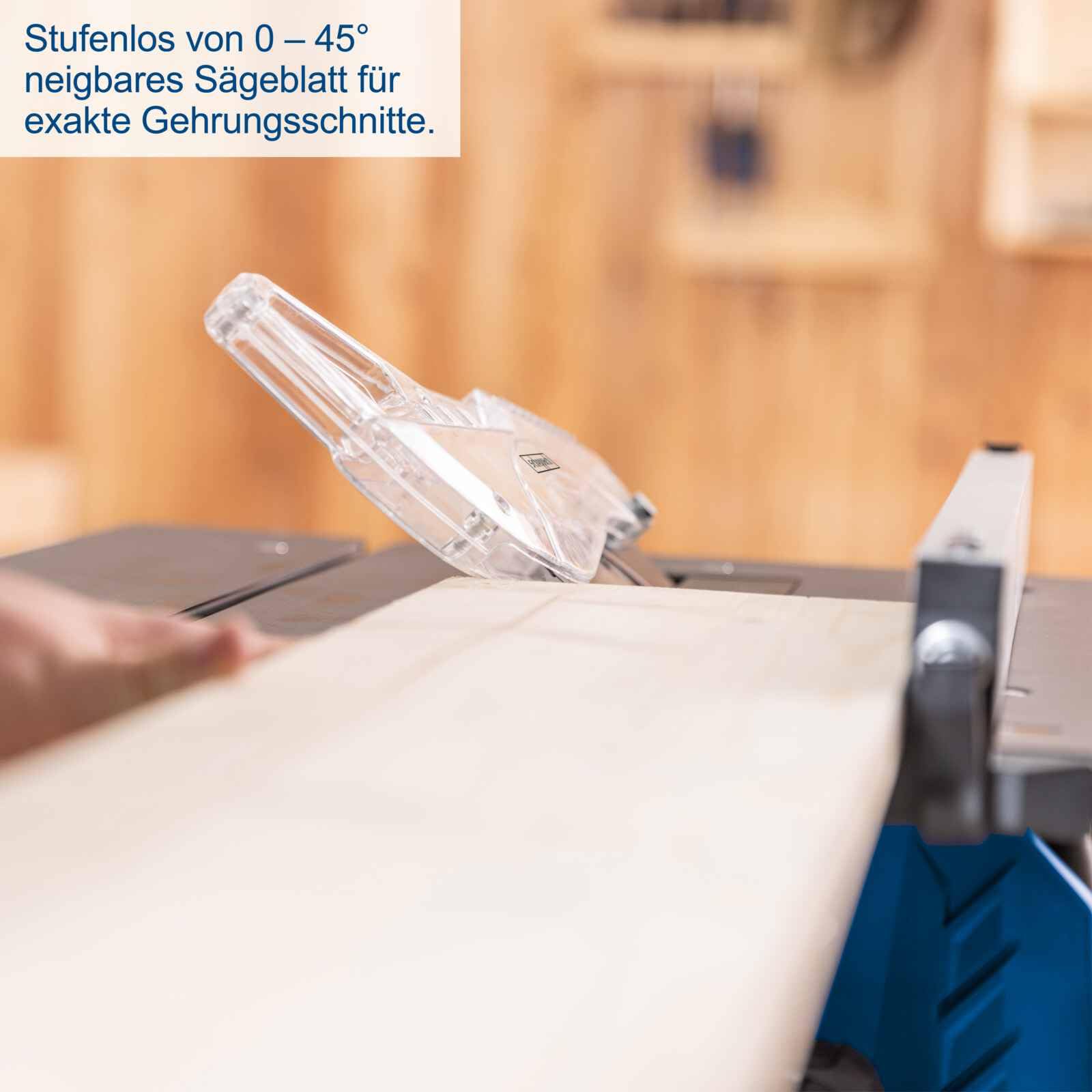 Saw blade tilted for bevel cuts