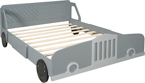 Miniatura 16 de Cama de plataforma en forma de auto de carreras con ruedas, cama de plataforma de madera tamaño individual con barandilla, cama de plataforma para