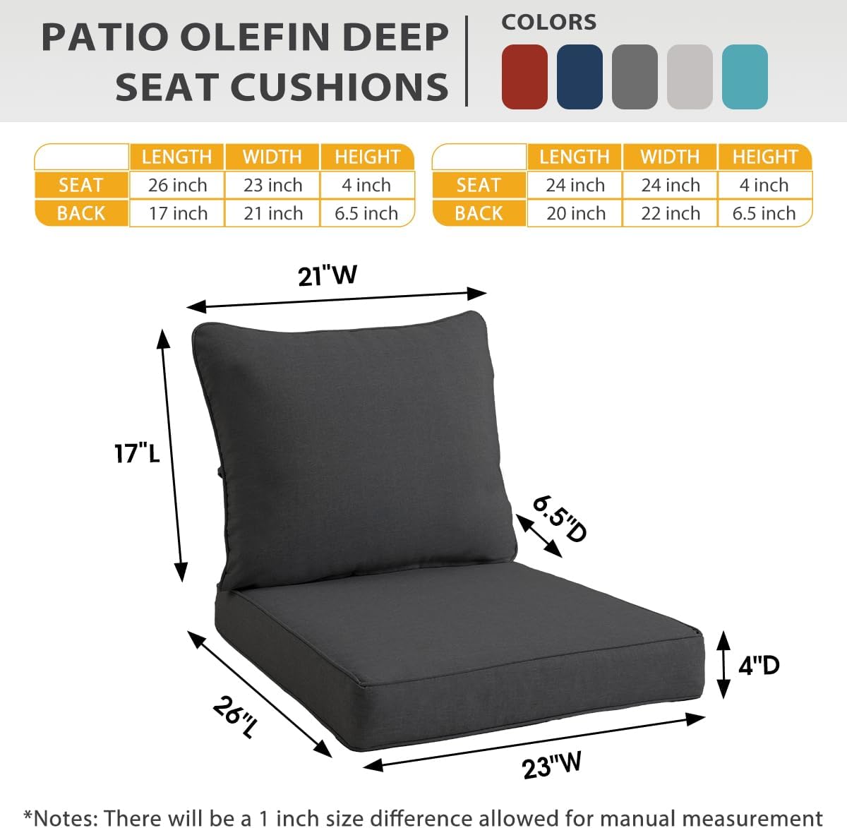 Sundale Outdoor Olefin Deep Seat Cushion Set of 2, Patio Chair Cushion and Pillow, Water-Resistant Sectional Sofa Pad with Straps Dark Gray, 23 x 26 x 4 Inches