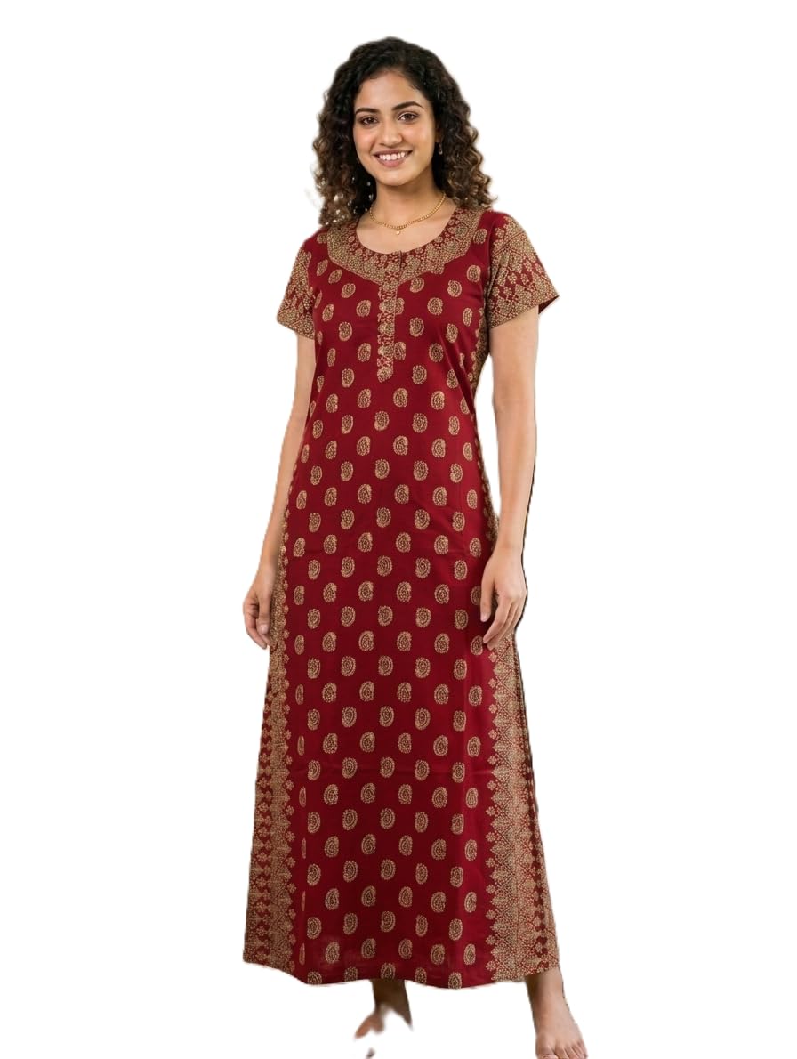 Cotton Nighty for Women | Hand Block Printed Maxi Night Gown with U-Neck, Button Placket & Half Sleeves | Soft Breathable Sleepwear | Free Size (M to L) | Red-image-20