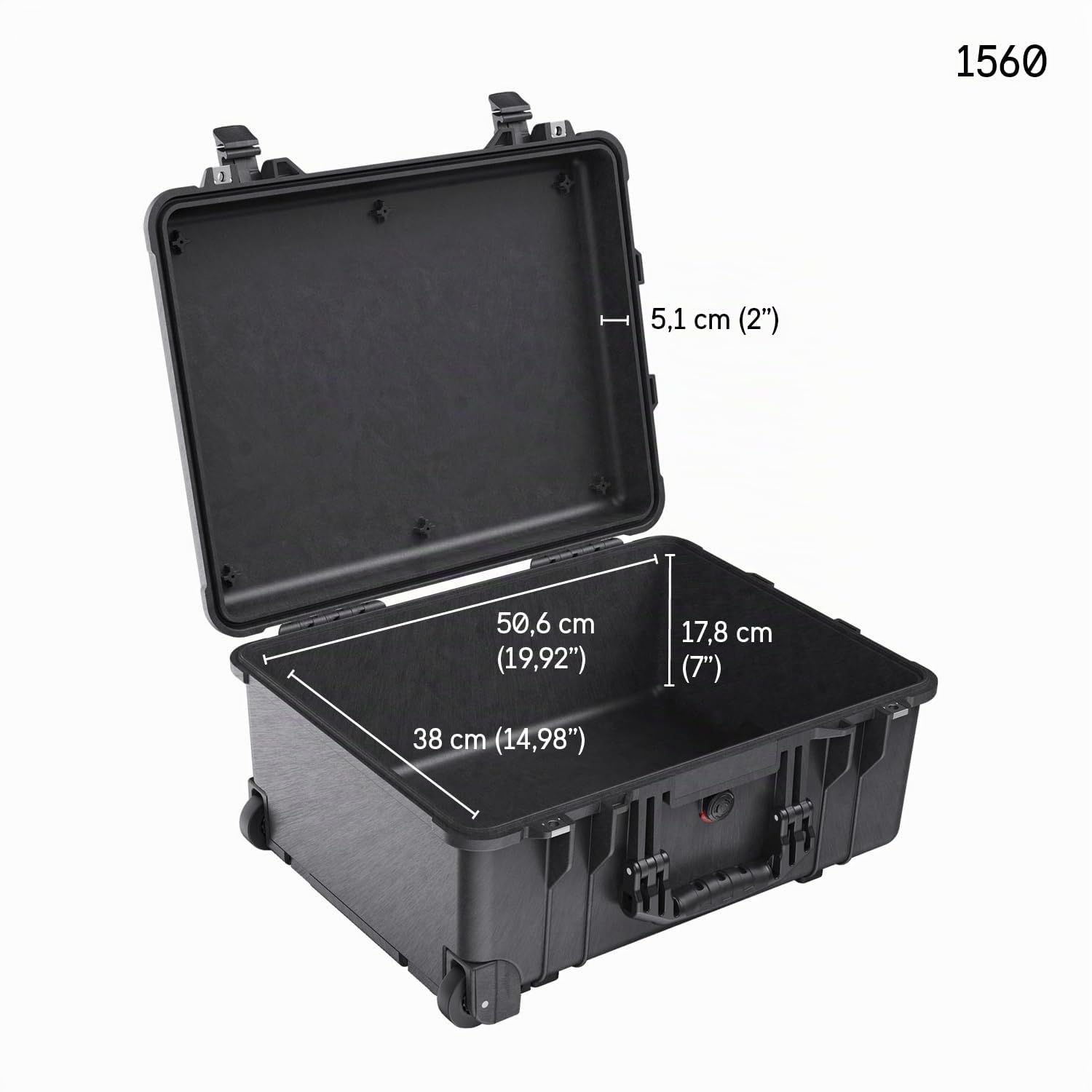 PELI 1560 Langer Schutzkoffer mit Rollen, IP67 Wasser- und Staubdicht, 44L Volumen, Ohne Schaum, Schwarz