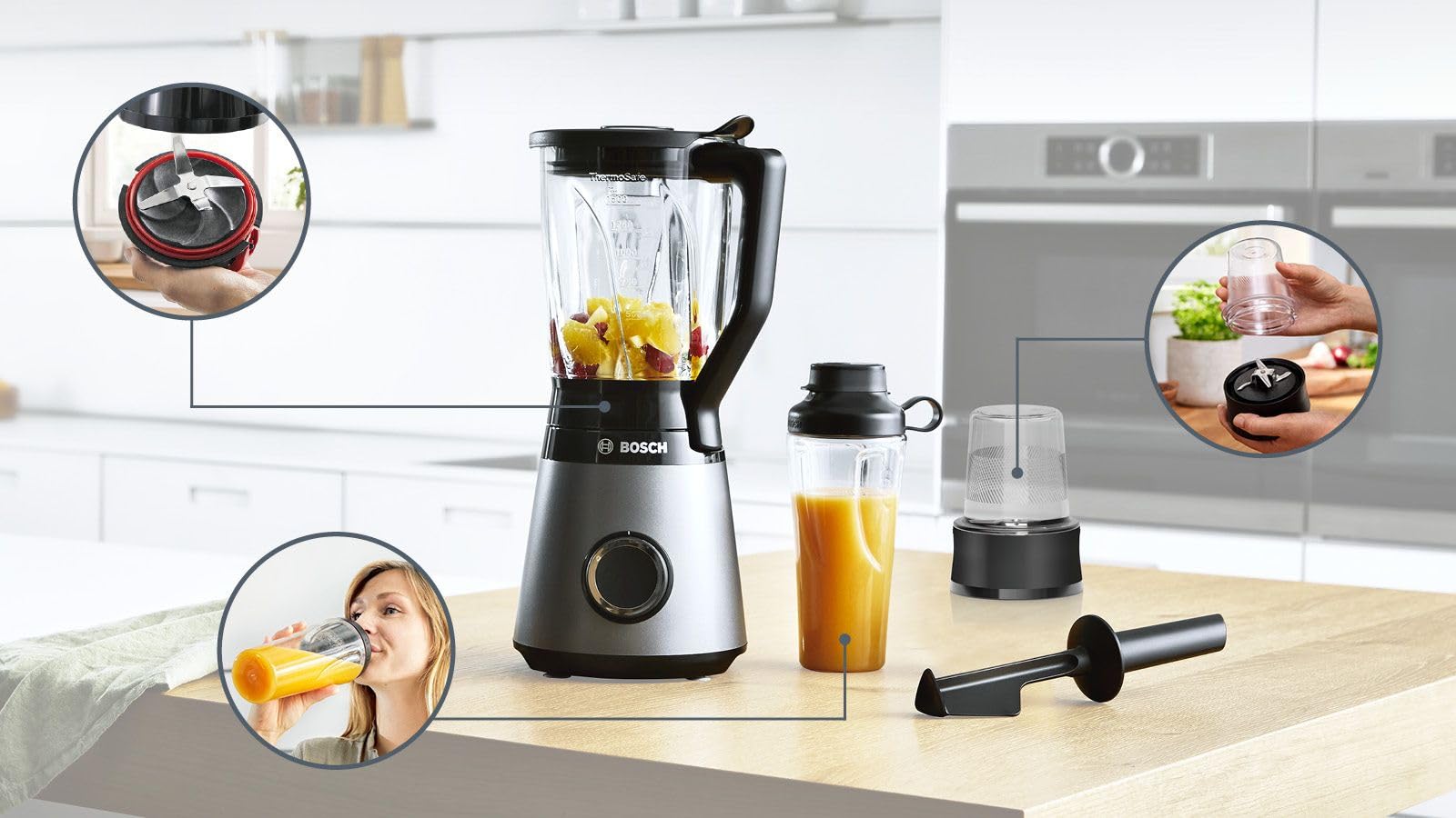 Bosch Standmixer, Smoothie Maker, 30,000 U/min, 1200 W, Edelstahl-Messer, 1,5l ThermoSafe Glasbehälter, 0,6l ToGo-Flasche, Zerkleinerer, Made in Europe, VitaPower Serie 4 MMB6177S