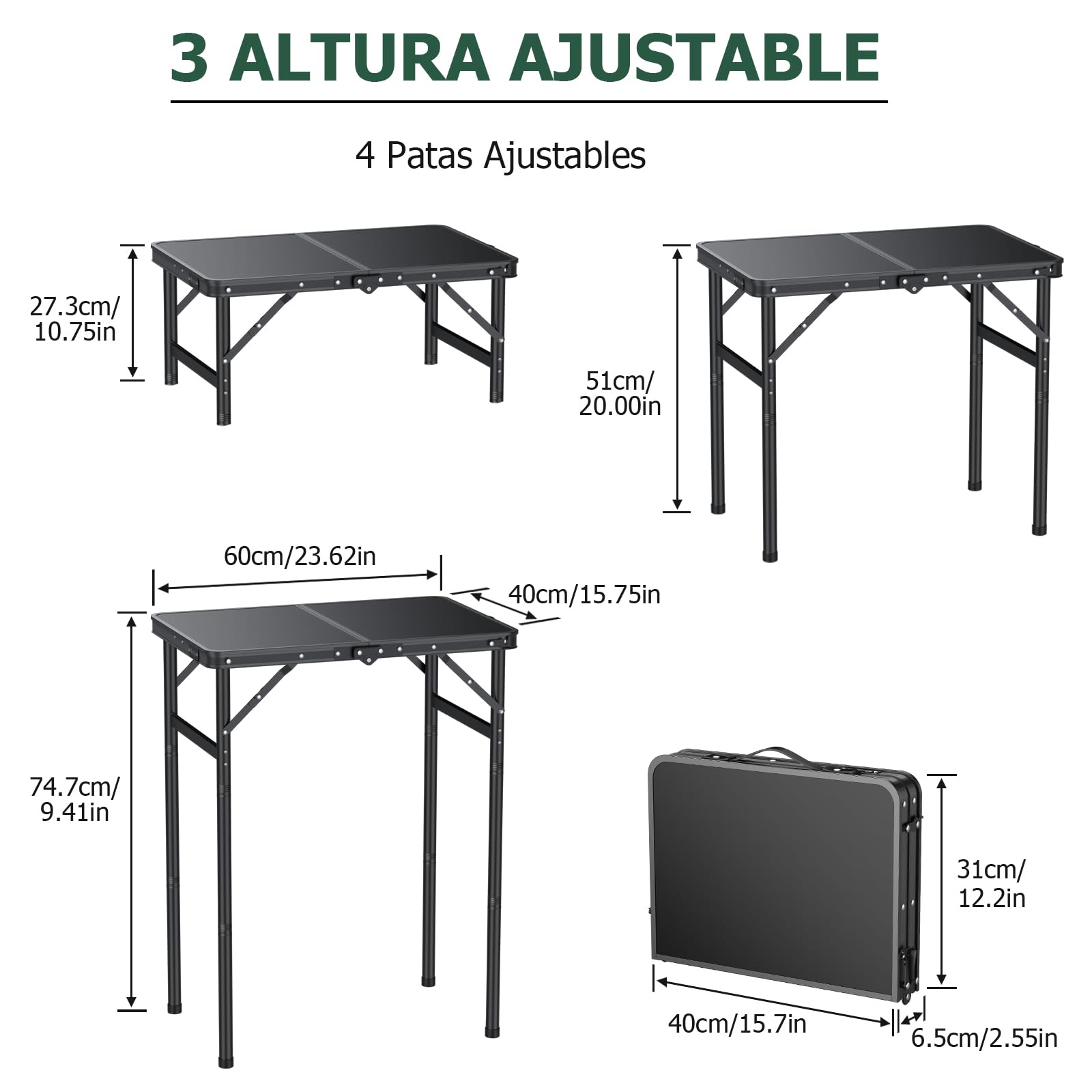 JiGiU Mesa Plegable de Camping Mesa Portátil Pinic 60 * 40 * 27.3/51/74.7cm