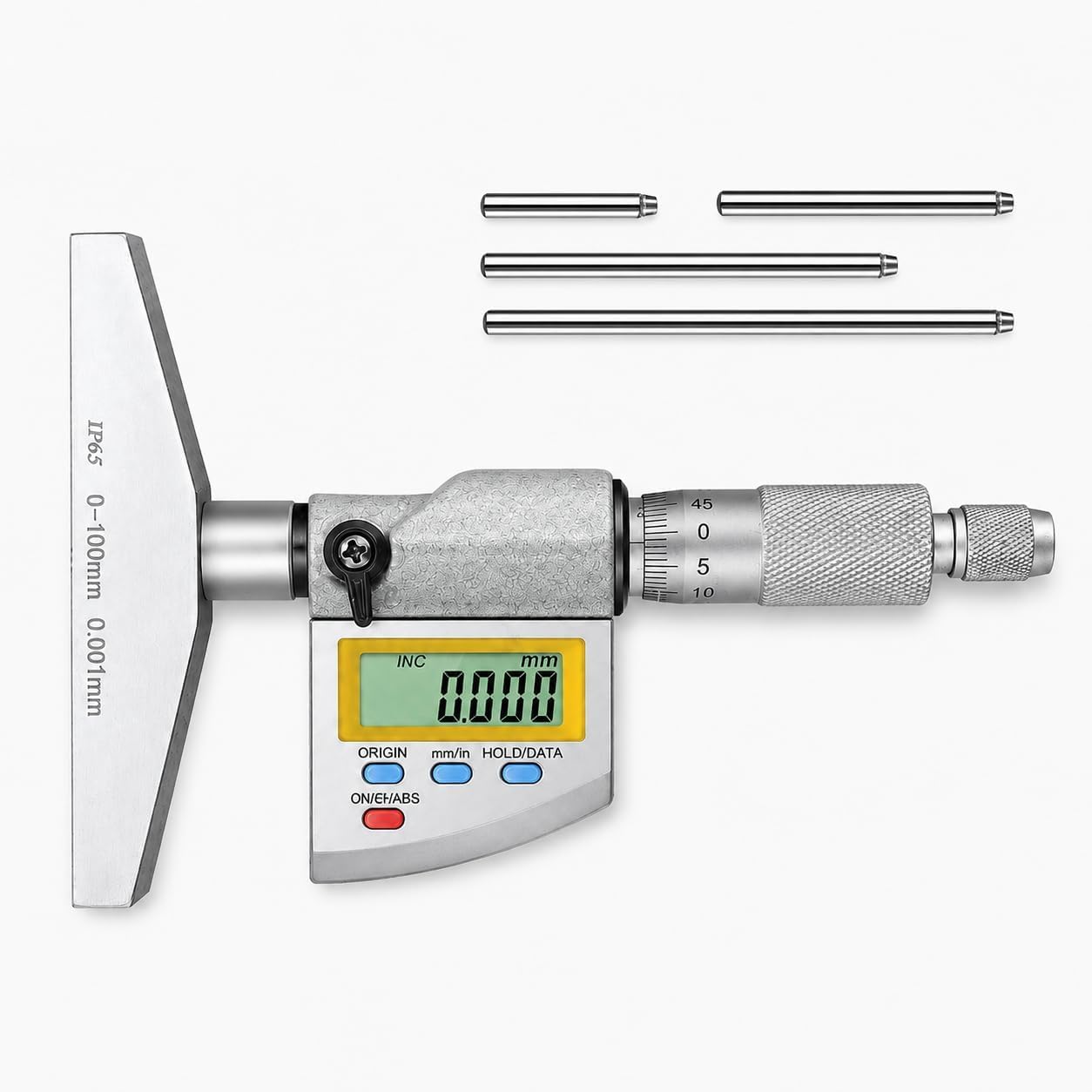 Medidor de profundidad digital IP65 con resolución de 0,001 mm y rango de medición de 0 a 100 mm.
