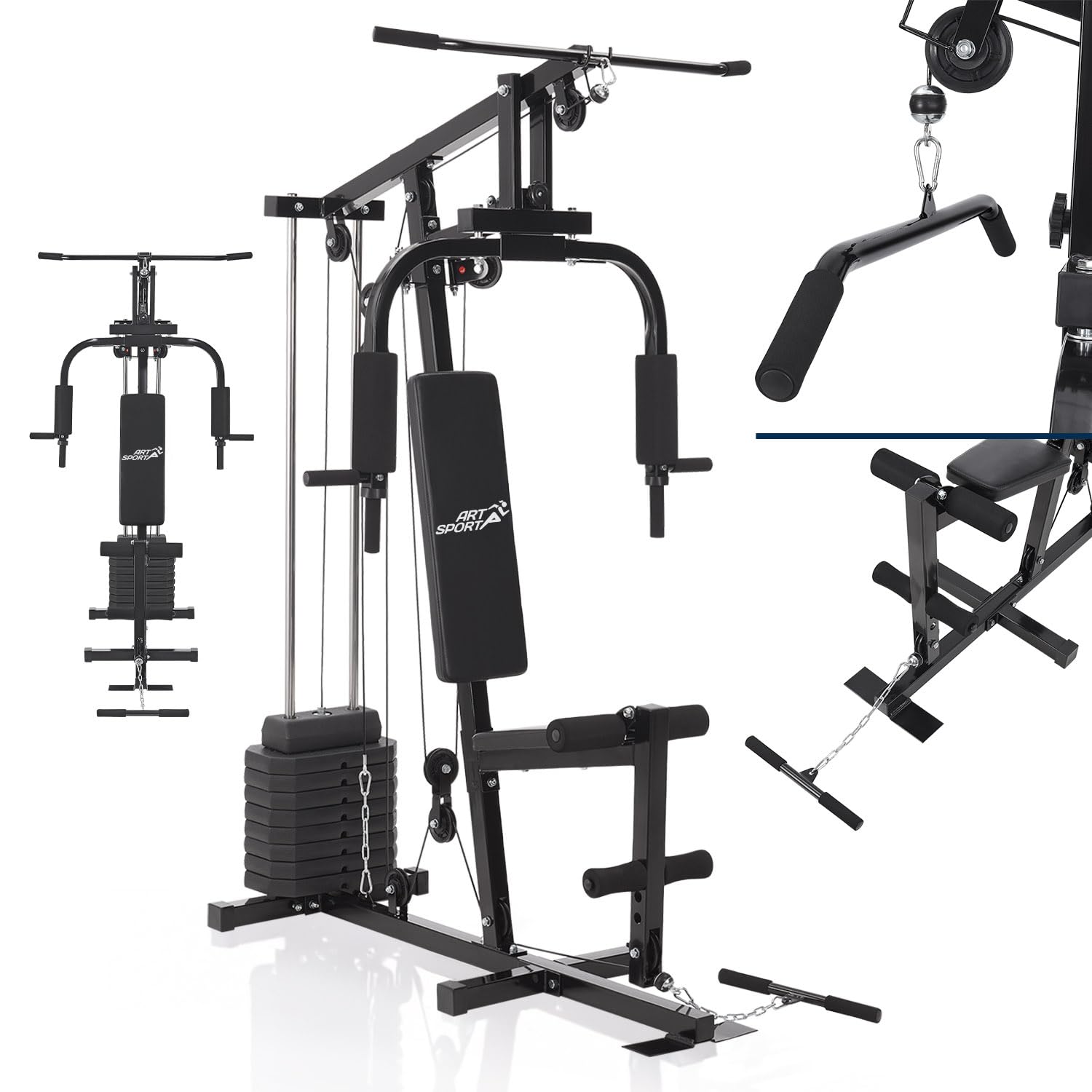 ArtSport Panca Multifunzione ProfiGym 2000 con barra lat e butterfly, cavo di trazione e estensore delle gambe - 9 pesi da 40 kg - Stazione multifunzionale per allenamento a casa