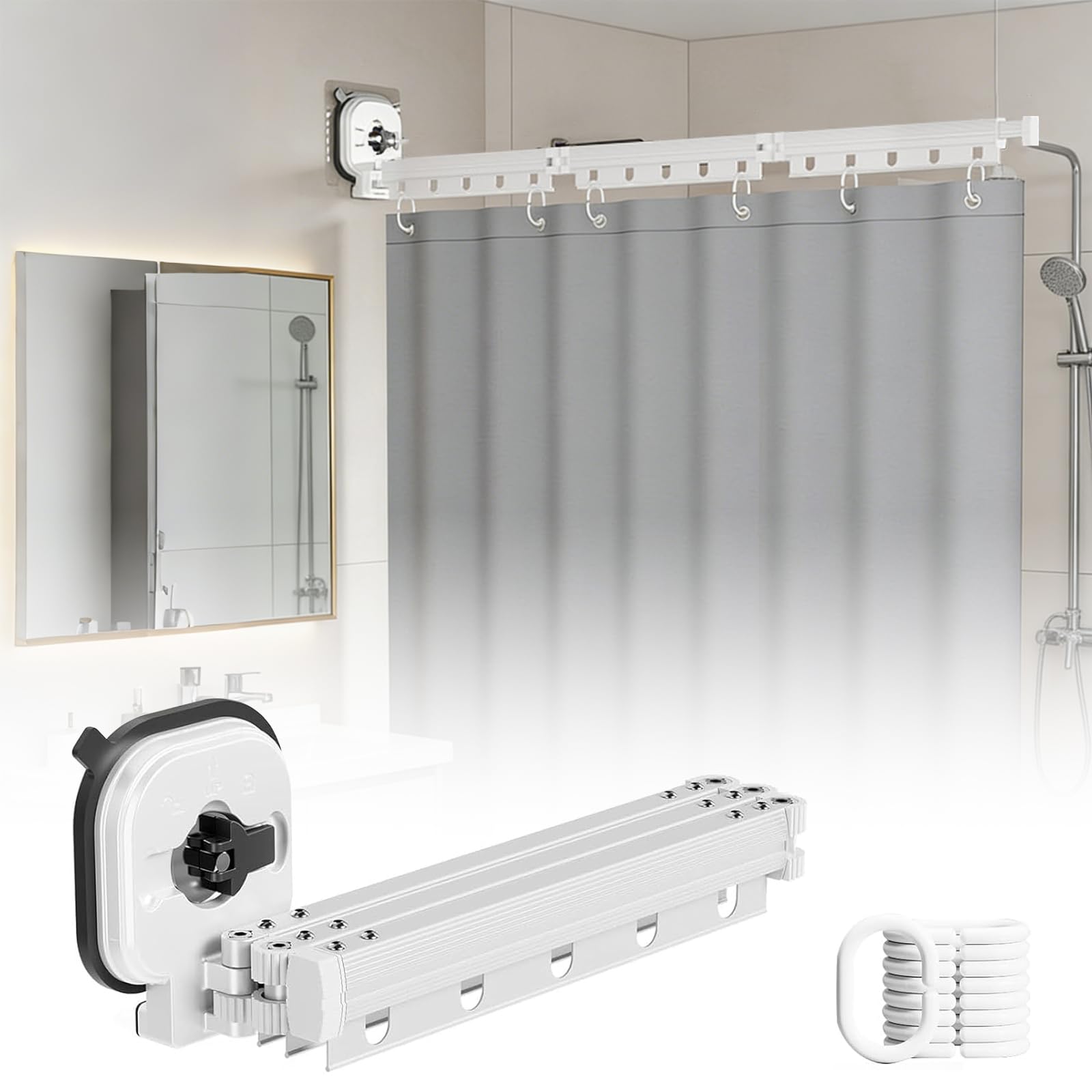 Duschvorhangstange Ohne Bohren mit Duschvorhang & Ringen, 360° Faltbare Duschvorhang Stange aus Aluminium für L-Form & Eckdusche, Faltbar und Platzsparend (Weiß, 3-Fach)