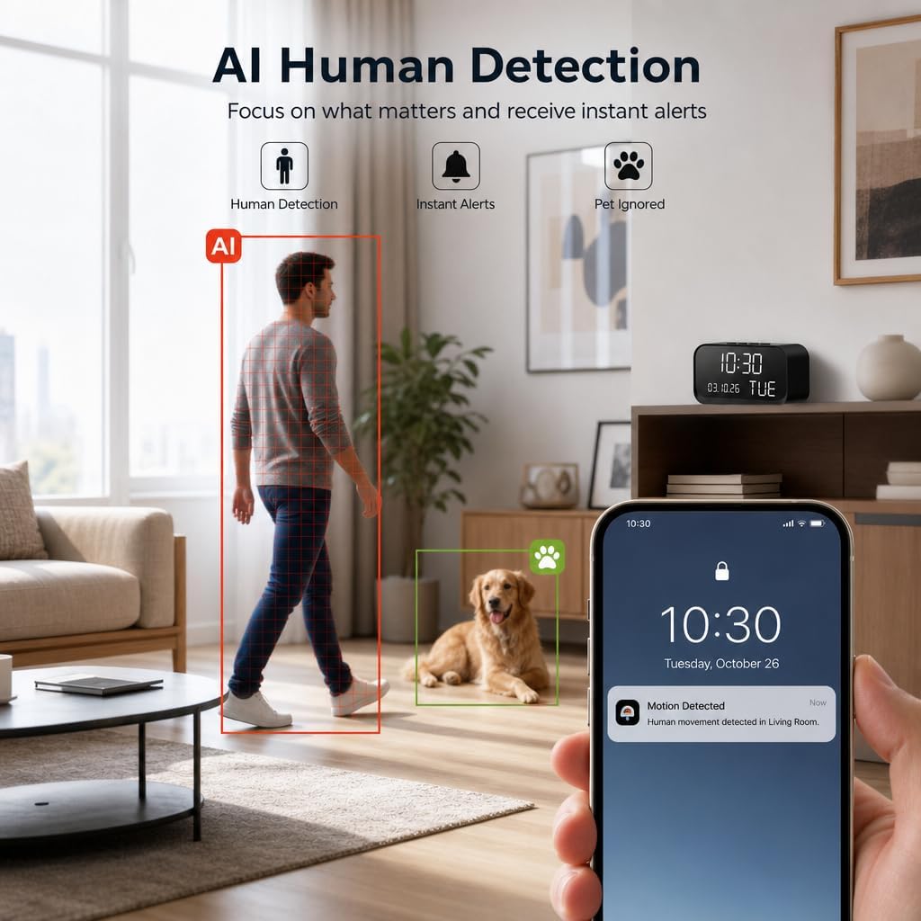 Clock Camera with 1080P HD Live, AI Human Motion Alerts, Night Vision, Dual-Band 2.4GHz/5GHz WiFi, Bluetooth Setup, Local & Cloud Storage, Smart Indoor Security Camera for Home, Office & Elder Care image 3