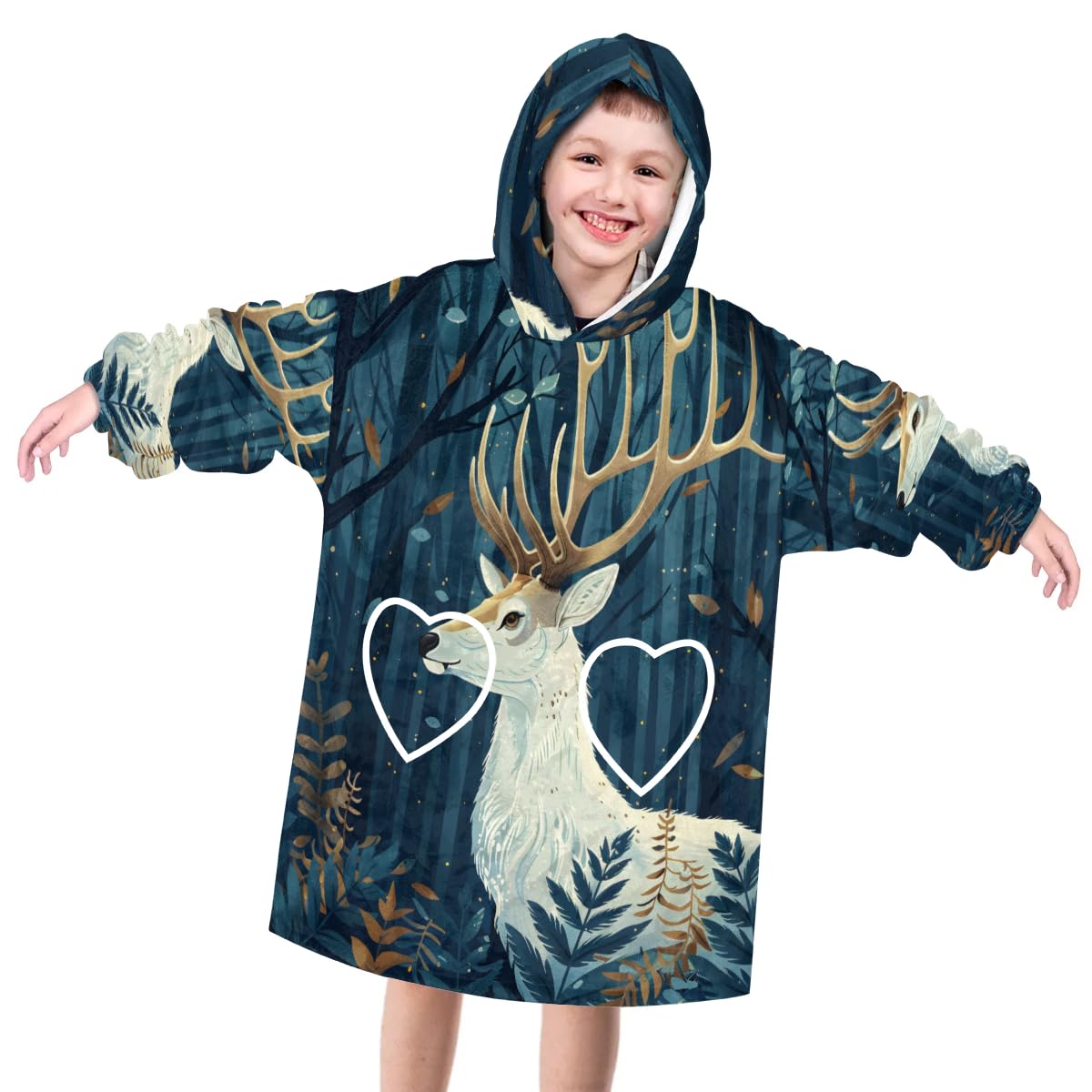 Pardick Wearable Blanket Hoodie for Kids, Leaping Deer Fleece Sweatshirt Blanket Oversized Blanket Sweatshirt with Pocket Flannel Warm Hooded Blanket 6-10 Year Old Girl Boy Gift, One Size