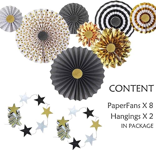 Miniatura 2 de Hola Fiesta Abanico de papel negro dorado y 2 decoraciones de estrellas de 2.8in para celebración, boda, carnaval, feliz cumpleaños, fiesta de