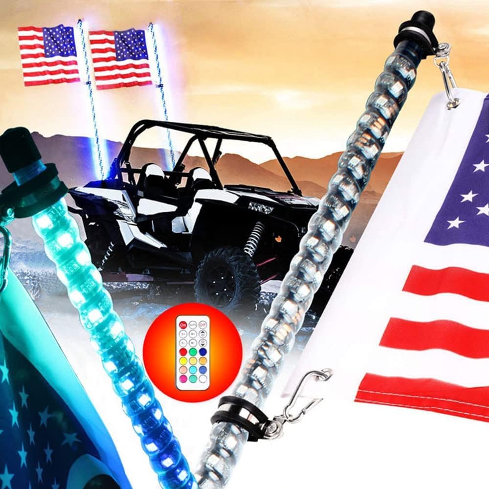 2PCS LED Whip Lights, 2/3/4/5FT RGB Chase Light with Flag Pole Remote Control, 360° Spiral Dancing Light, 12 Color 21 Modes Offroad Warning Lighted Antenna for UTV ATV RZR Trucks Buggy 5FT Black