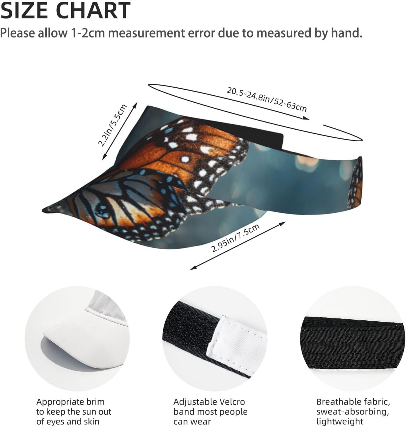 (Butterfly) Adult Sun Visor Hat Adjustable Open Top Sports Cap Breathable for Men Women Beach Vacation Essentials Black